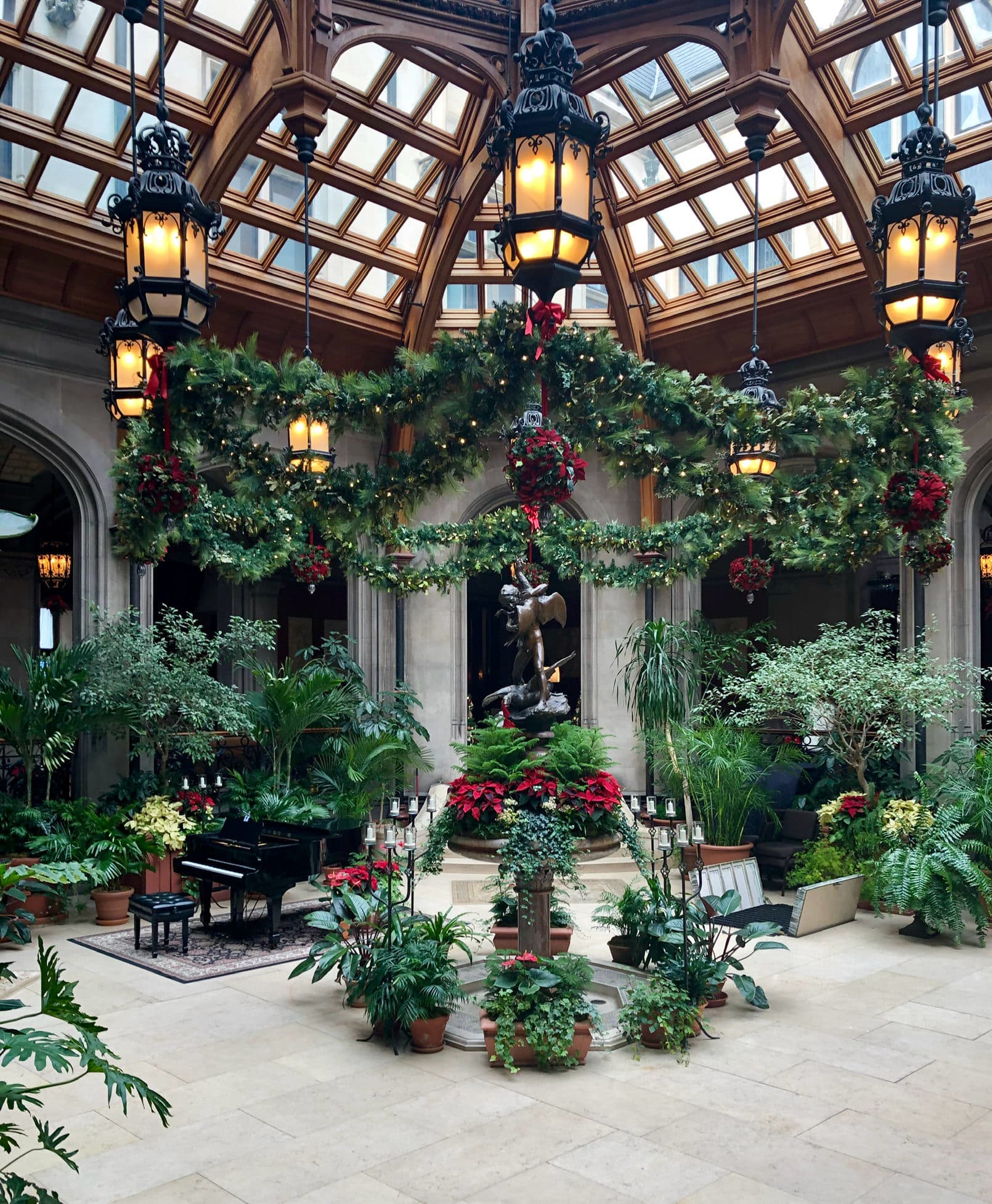 Close-up of a Christmas tree with gold and silver ornaments at Biltmore House